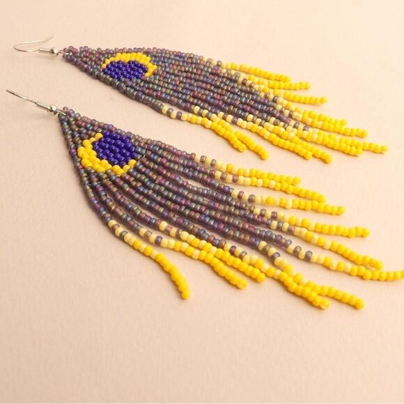 Moon Boho Seed Bead Tassel Dangling Statement French Wire Hook Earrings - Picture 2 of 9